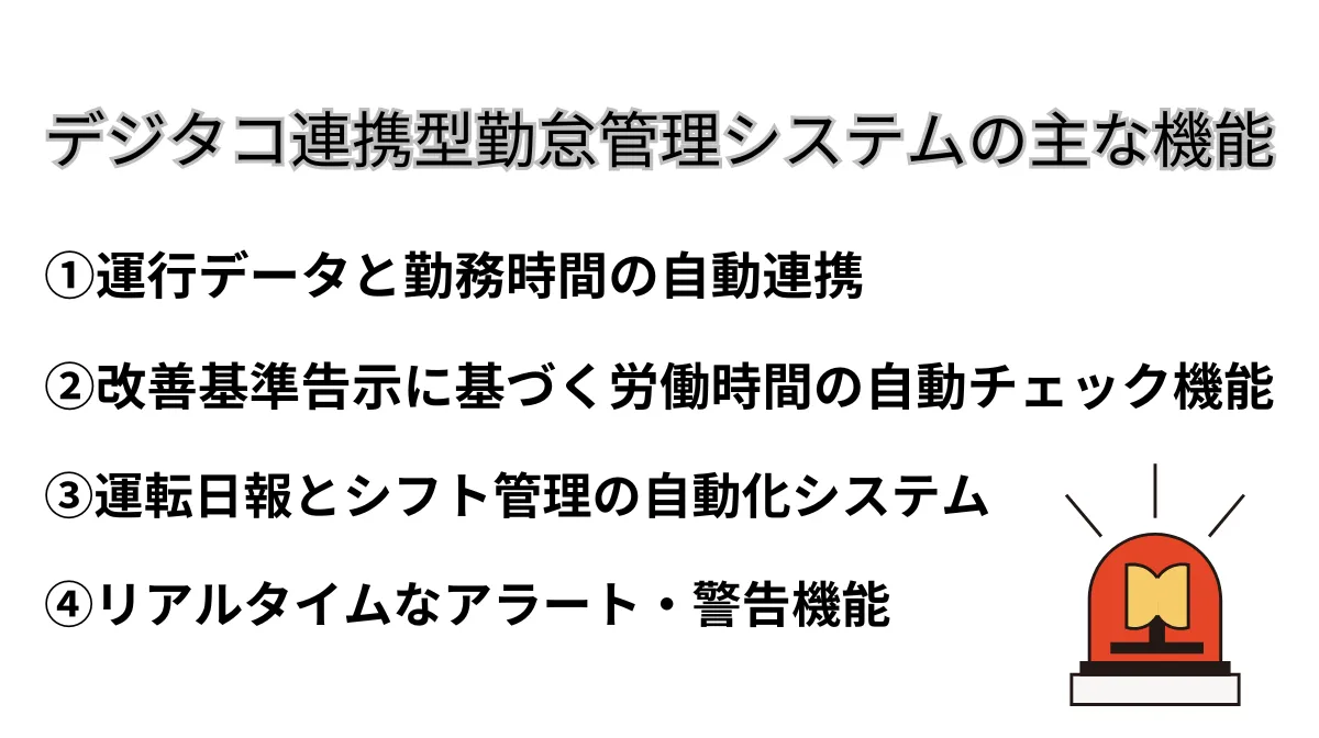 デジタコ連携型勤怠管理システムの主な機能